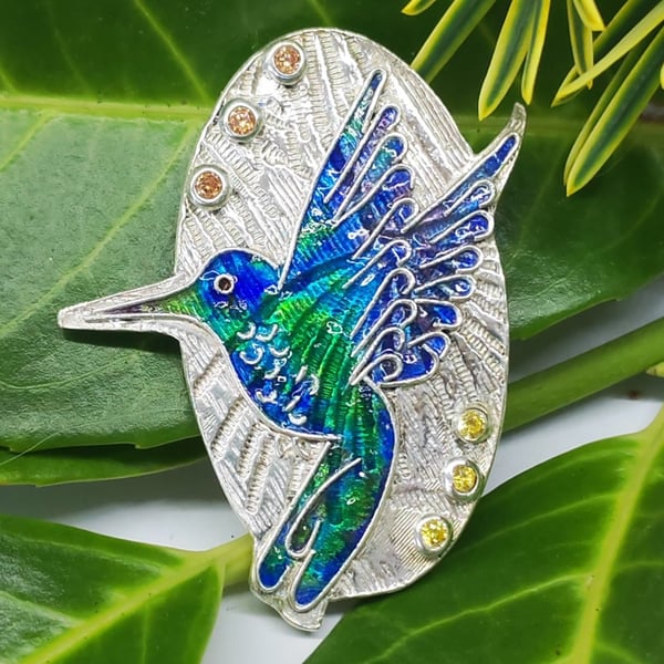 Handmade fine silver enameled hummingbird pendant 