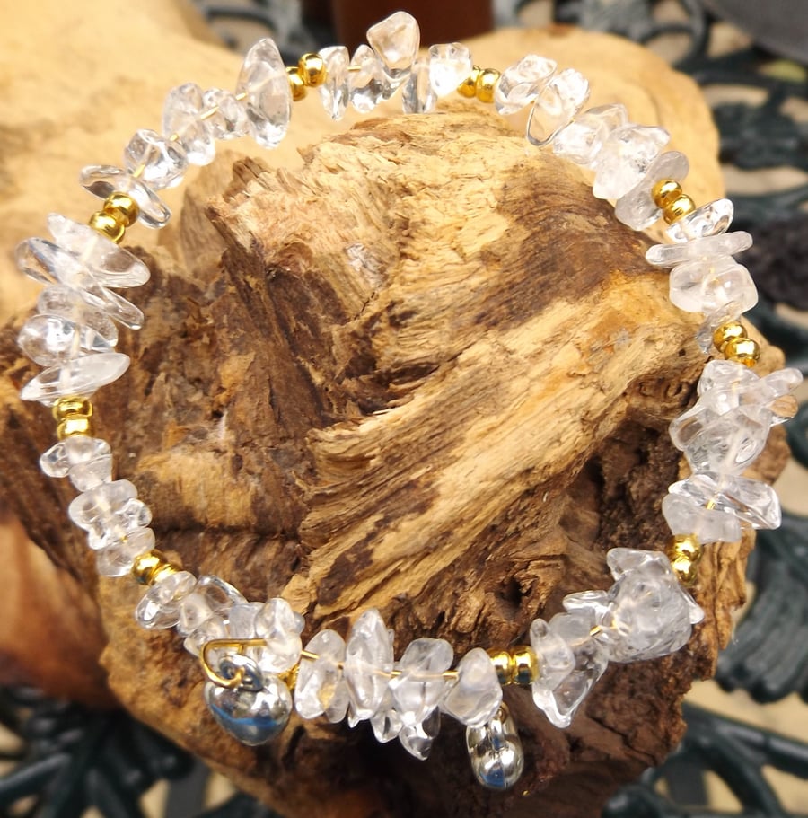  clear quartz and gold plated spacer beads with heart charms bracelet