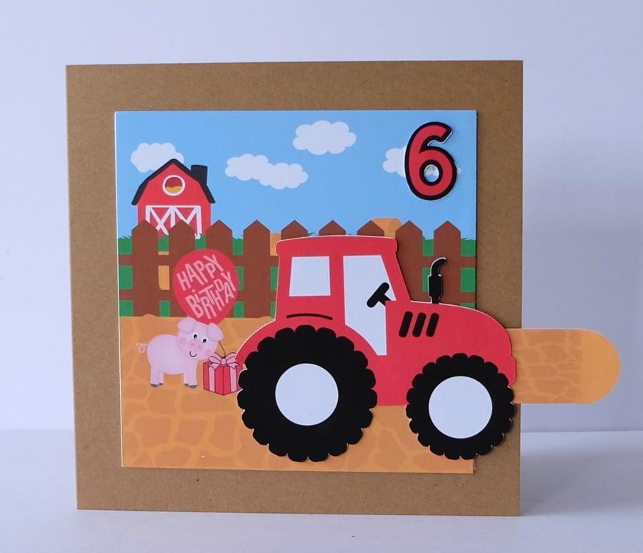 Boys 'Pull Tab' Farm Tractor Birthday Card with Pig (2nd, 3rd, 4th, 5th, 6th)