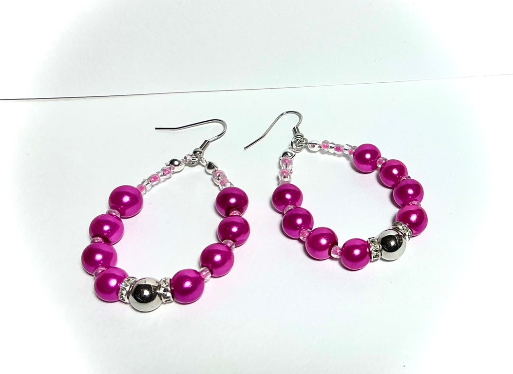 Cerise Pink Beaded Hoop Earrings