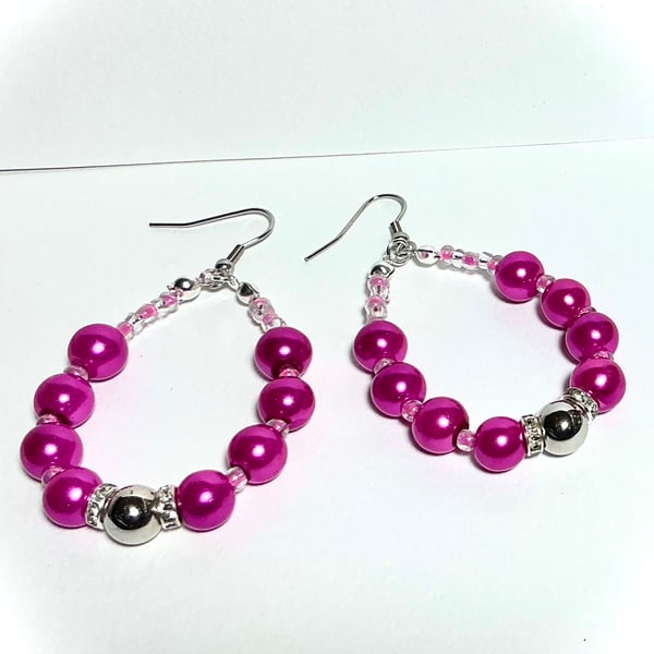 Cerise Pink Beaded Hoop Earrings