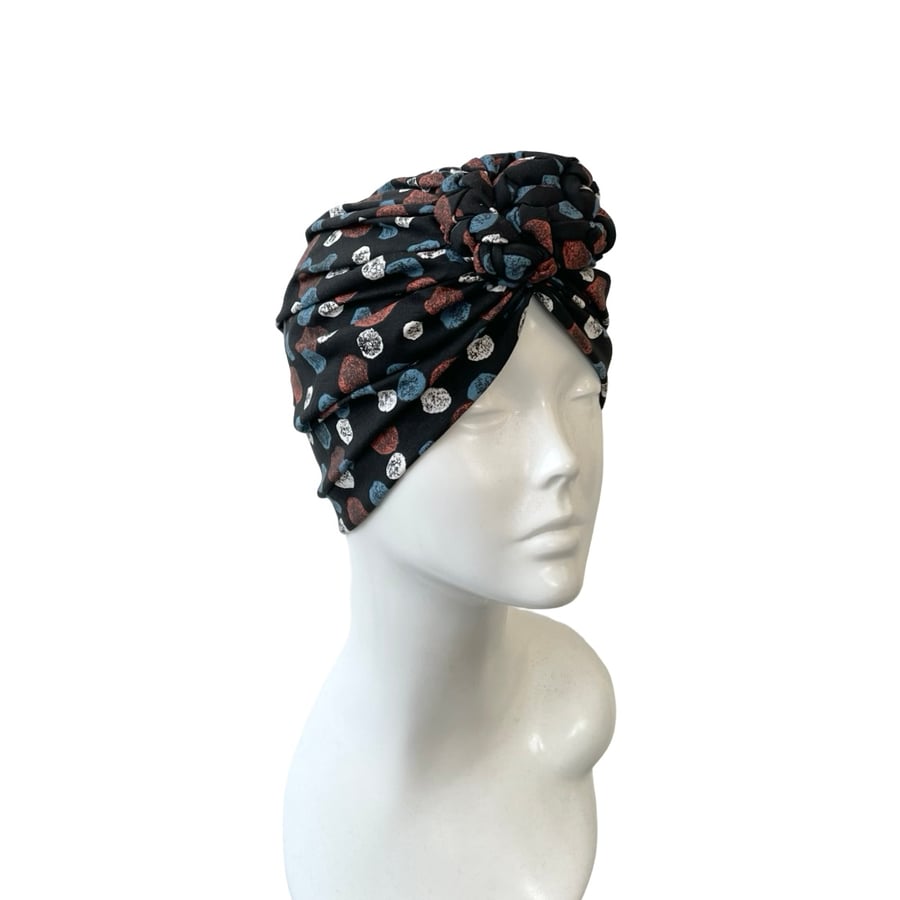 Black Patterned Retro Turban Head Wrap Hat for Women Chain Knot Stretchy Turban 