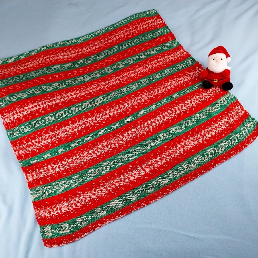 Hand Knitted Christmas Baby Blanket - Red Green Fair Isle Pram Blanket