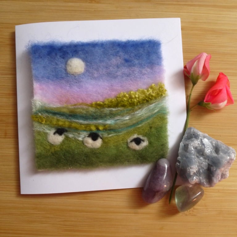 Needle felted Summer Evening greetings card