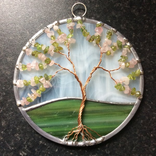 Rose quartz and peridot tree of life suncatcher  (0614)