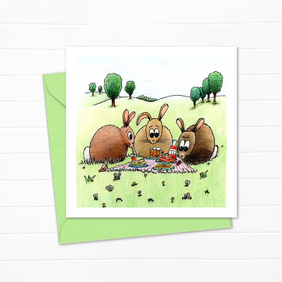 Rabbit Picnic Greeting Card: Funny Bunny Pencil Illustration (223)