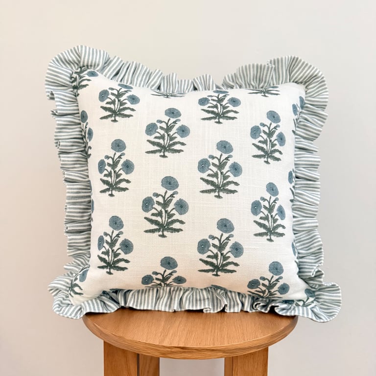 Blue Floral & Stripe Frill, Ruffle Cushion Cover