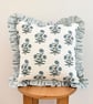 Blue Floral & Stripe Frill, Ruffle Cushion Cover