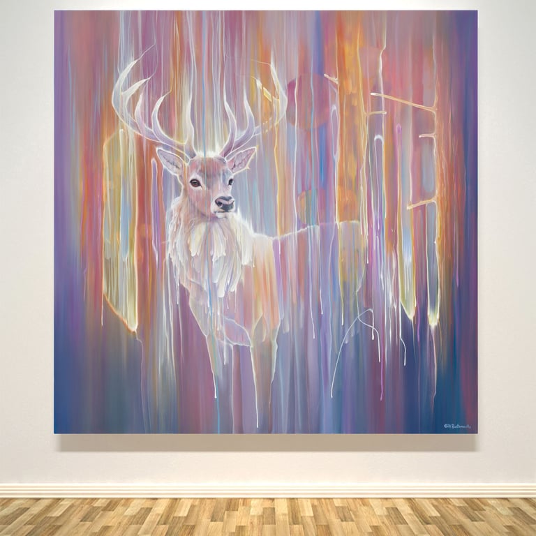 Stag Materializing, a colourful semi-abstract red deer stag painting