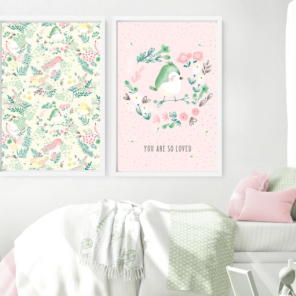 Cottagecore decor nursery bedroom art prints for baby girl, Set of 2 custom name