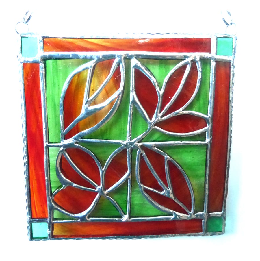 Leaf Tile Suncatcher Stained Glass Autumn Framed Picture 005