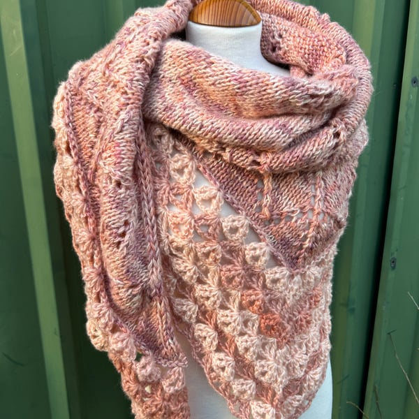 Soft and Fluffy Merino Wool Peaches and Cream Handknitted Lace Shawl