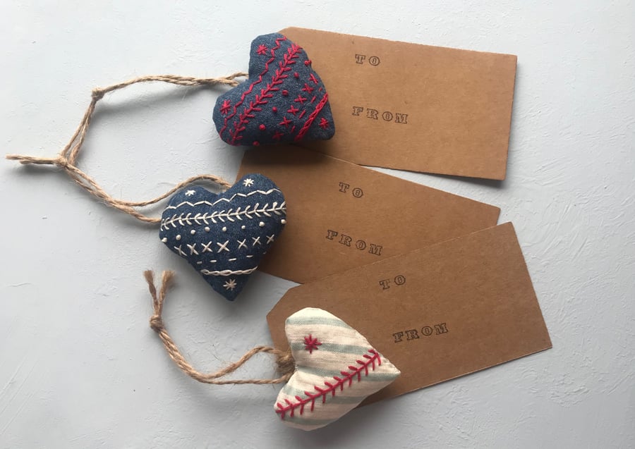 3 Lavender embroidered hearts gift tag decorations