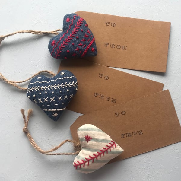 3 Lavender embroidered hearts gift tag decorations