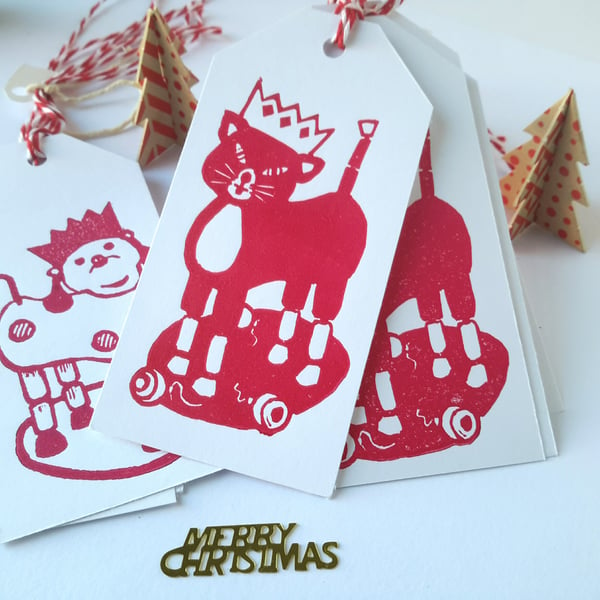  4 Handprinted Party Cat red gift tags