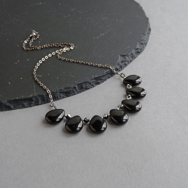 Black Fan Statement Necklace - Jet Black Glass Teardrop Necklaces for Women