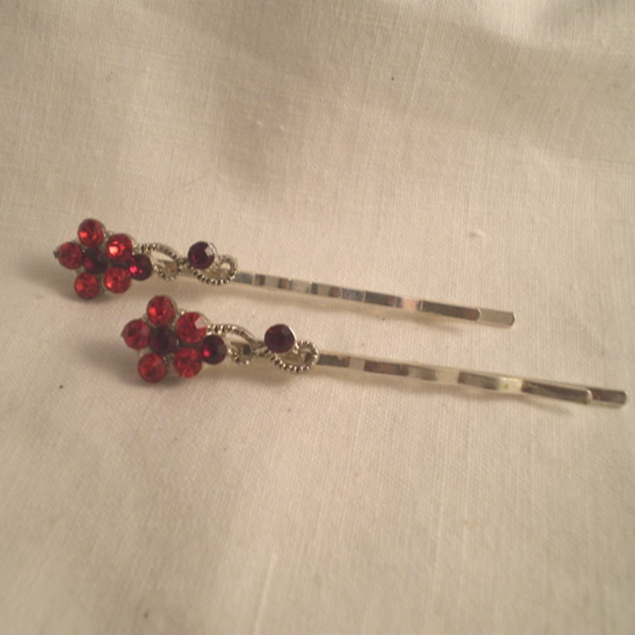 Vintage Red Crystal Flower Hair Grips/Bobby Pins
