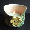 Small crackle ceramic tealight holder with flower button