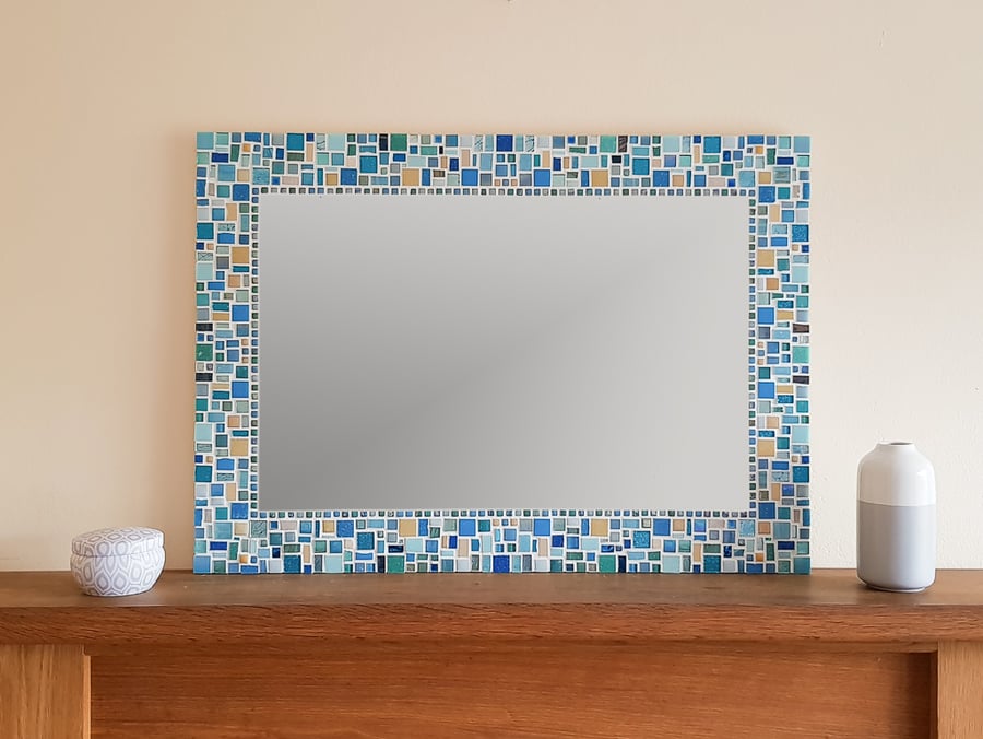 Large Mosaic Wall Mirror in shades of Blue, Turquoise & Yellow