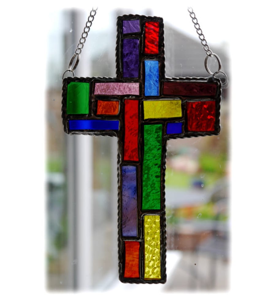 RESERVED Cross Suncatcher Stained Glass Handmade Patchwork Rainbow