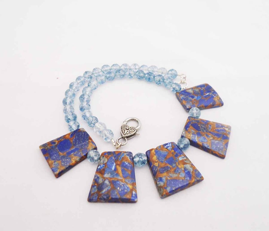 Blue Quartz and Gemstone Necklace, Bib Blue Necklace, Blue and Gold Necklace