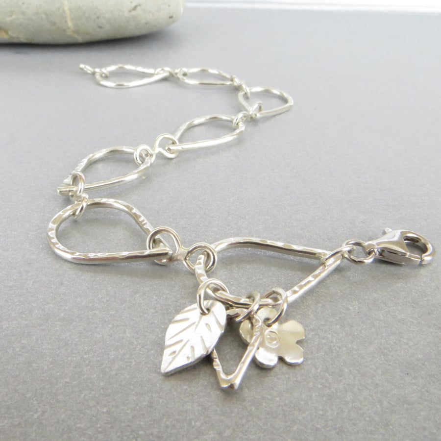 Silver Bracelet, Teardrop Chain, Flower and Leaf Charms, Hallmarked