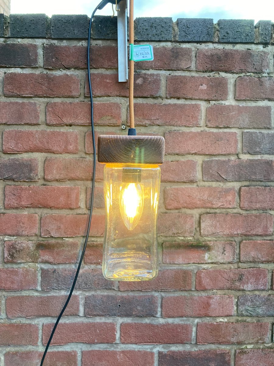 Coffee Jar Ceiling Lamp with Salvaged Wood Cap, Antique Gold Braided Flex