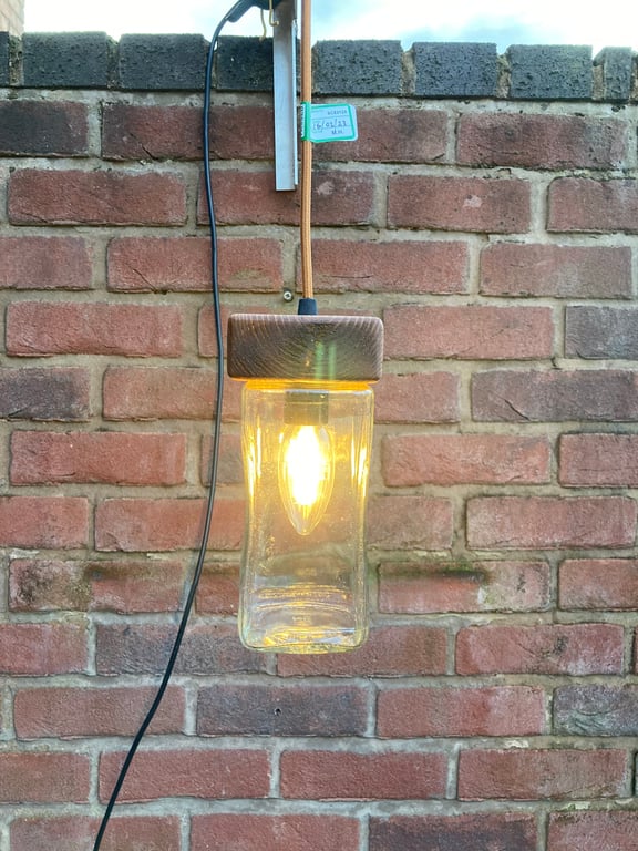 Coffee Jar Ceiling Lamp with Salvaged Wood Cap, Antique Gold Braided Flex