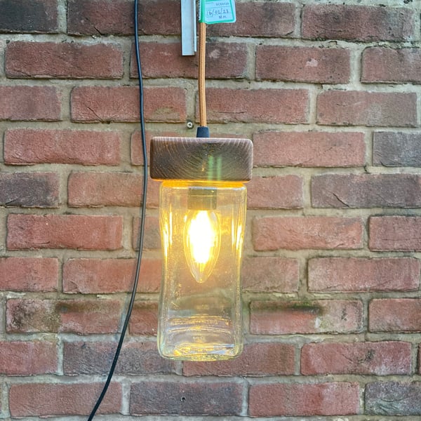 Coffee Jar Ceiling Lamp with Salvaged Wood Cap, Antique Gold Braided Flex