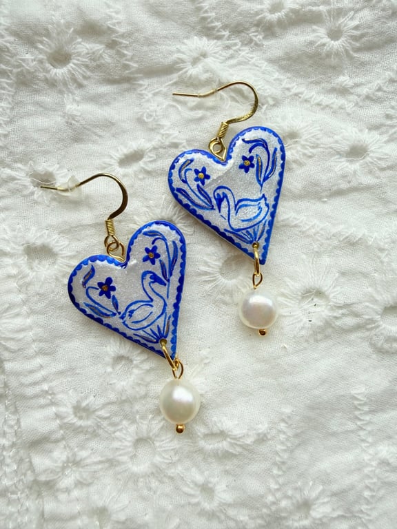 Delft Swan Heart Pearl Drop Earrings