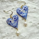 Delft Swan Heart Pearl Drop Earrings