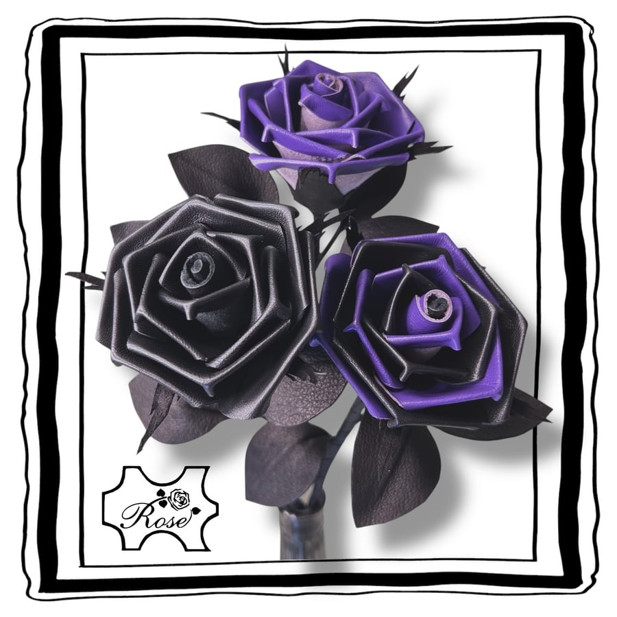 Fantasy Trio - Purple & Black Leather Roses - Alternative gift. Dark home decor