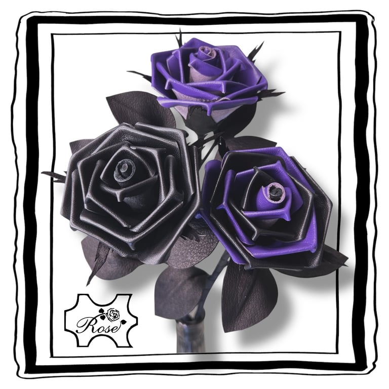 Fantasy Trio - Purple & Black Leather Roses - Alternative gift. Dark home decor