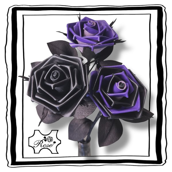 Fantasy Trio - Purple & Black Leather Roses - Alternative gift. Dark home decor