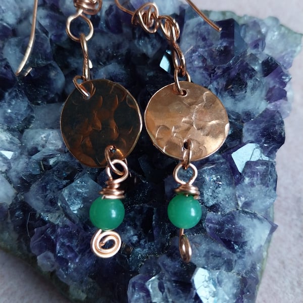 Hand Forged Copper and Jade Earrings 