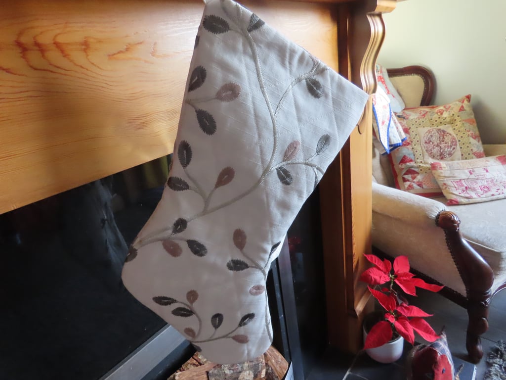 Christmas Stocking.  Handmade & Quilted, Winter White Fabric with embroidery.