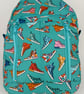 Turquoise Oilcloth Backpack with Running Shoe Design, Zipped Pockets, Lined Inte
