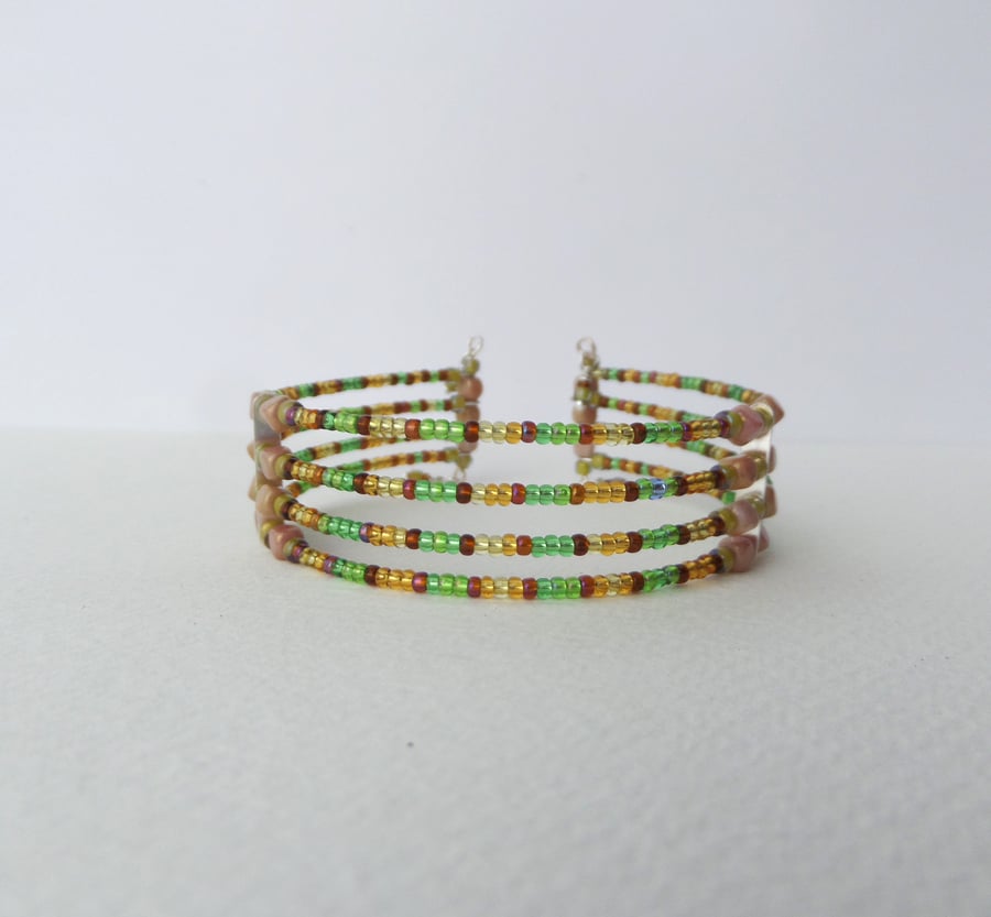 Beaded Cuff Bracelet, Spring Green & Tan Silver Memory Wire Cuff