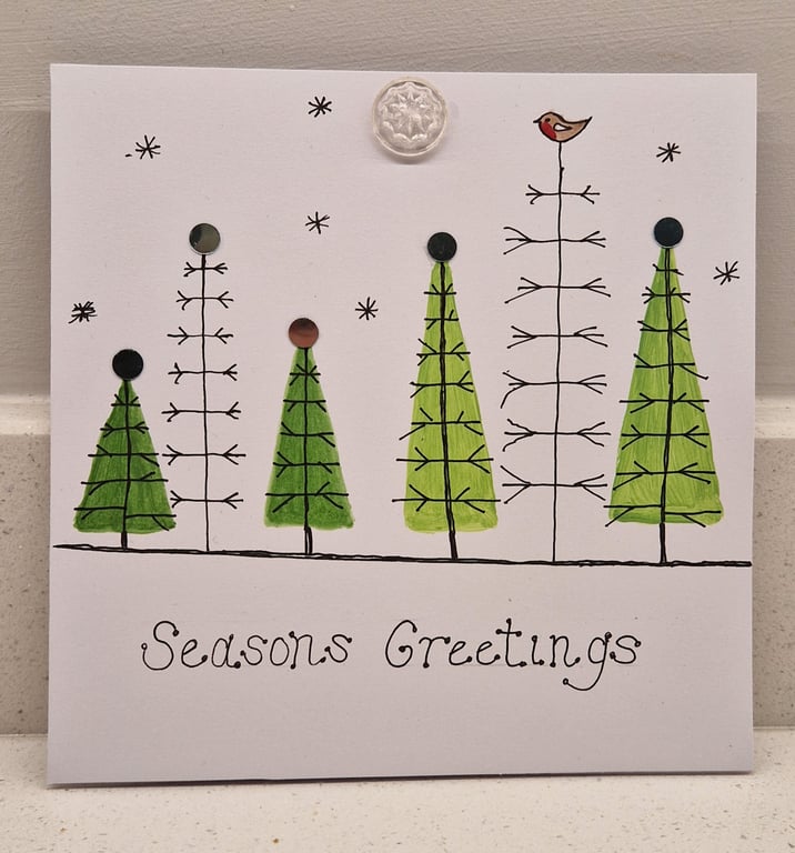 Watercolour Christmas trees Christmas card 'Seasons Greetings'