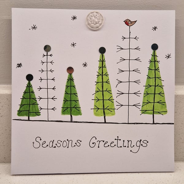Watercolour Christmas trees Christmas card 'Seasons Greetings'