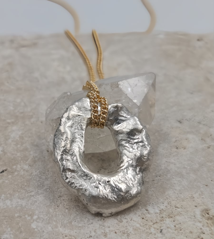 Molten Sterling Silver Circle Pendant, Gold Plated Chain Necklace