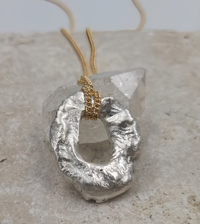 Molten Sterling Silver Circle Pendant, Gold Plated Chain Necklace