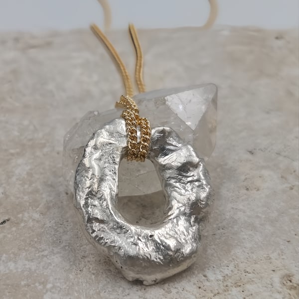 Molten Sterling Silver Circle Pendant, Gold Plated Chain Necklace