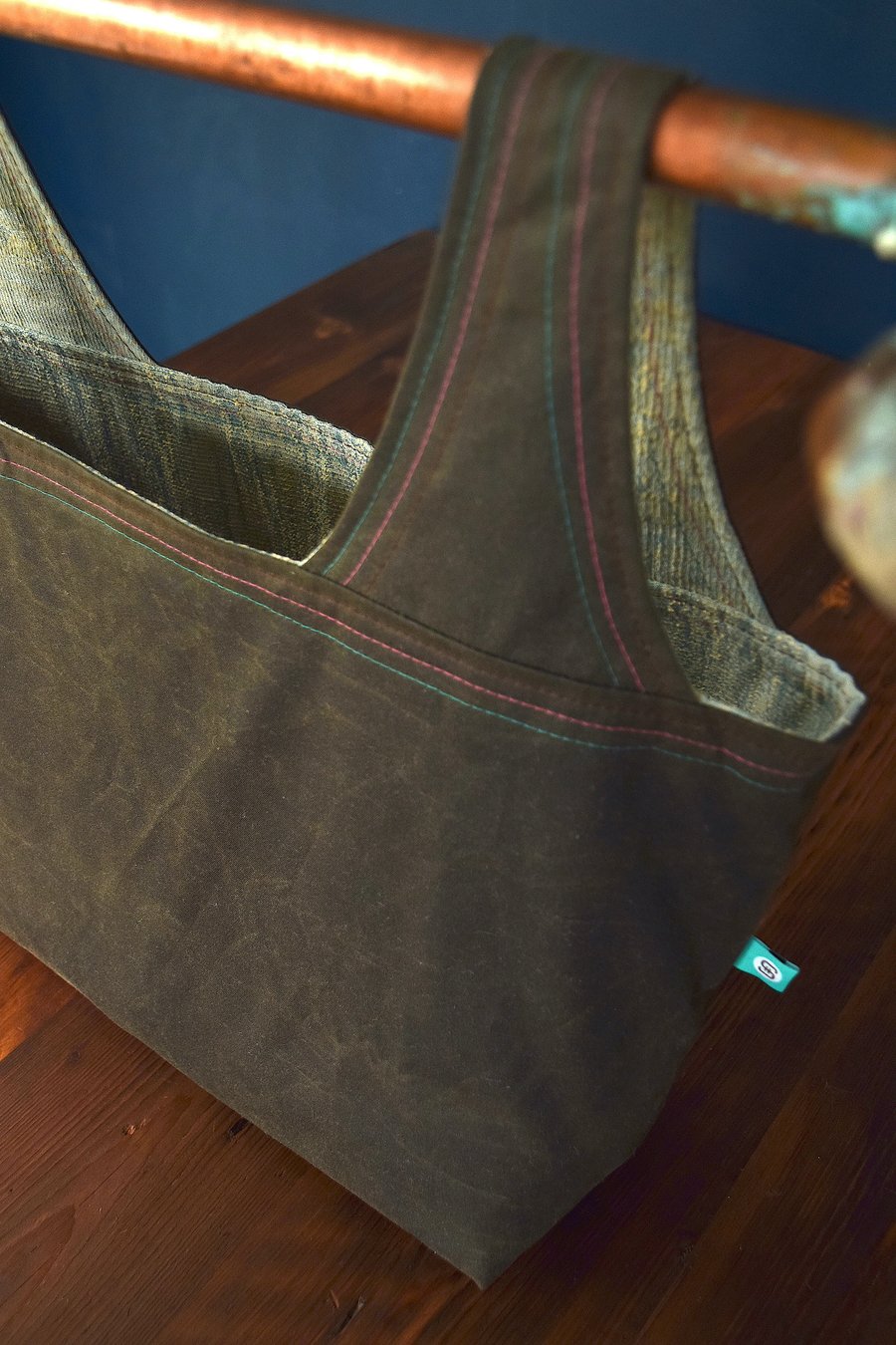 shopping bag waxed cotton with pale blue inte... Folksy