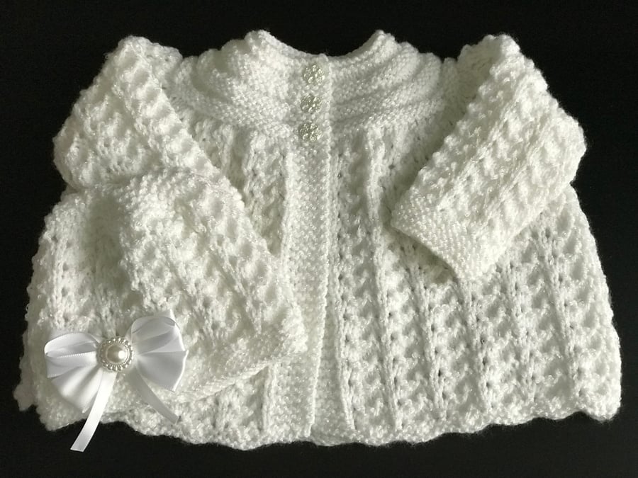 Hand Knitted White Matinee Cardigan and Matching Hat, Fits 0 - 3 months