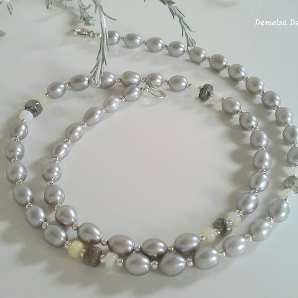 Quality Rice Pearl,  Labradorite & Ethopian Wello Opal Sterling Silver Necklace 