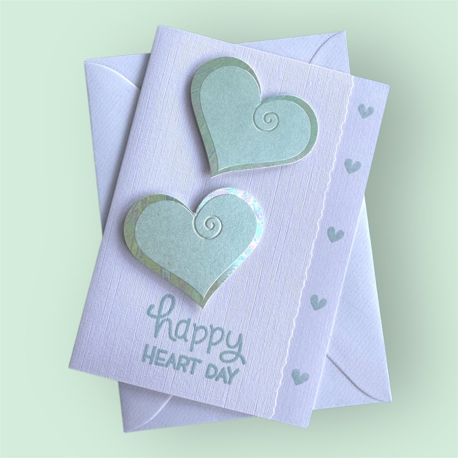 Valentines anniversary card, happy heart day, love, hologram hearts, linen card
