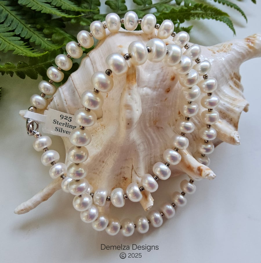 Top Grade White Quality Freshwater Button Pearl Sterling Silver Necklace