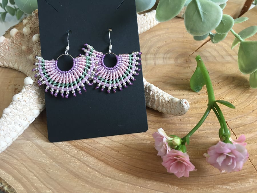 Hoop macrame beaded earrings in pink and green, boho lover gift, birthday girl 