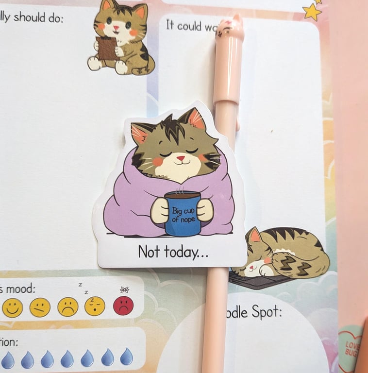 Cozy Tabby Cat Sticker, Big Cup of Nope, Not Today Funny Die cut Decal